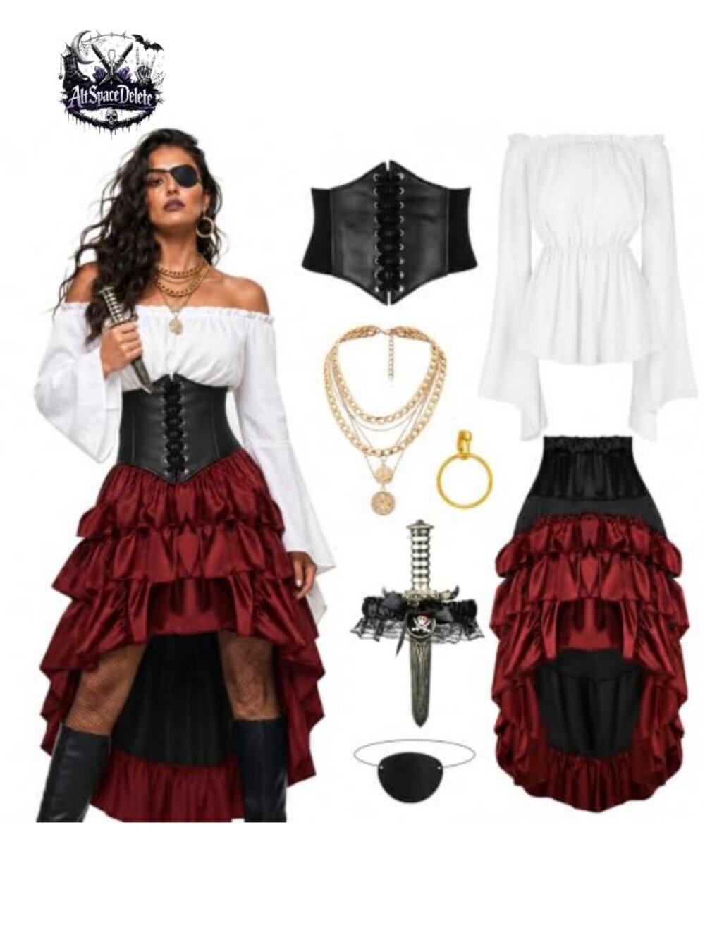 Pirate Costume Set Renaissance Corset Steampunk Skirt Top Halloween Cosplay